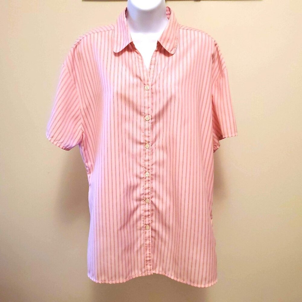 Uniti Casuals Pink Striped Button Front Short Sleeve Open Collar Shirt Top - 3X